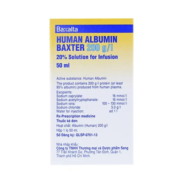 Human Albumin Baxter 200g/l (50ml) – Dung dịch tiêm truyền tĩnh mạch giúp phục hồi và ổn định thể tích máu