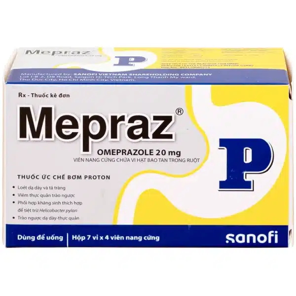 Mepraz 20mg Sanofi - Điều trị loét tá tràng tiến triển, loét dạ dày, trào ngược dạ dày - thực quản (7 vỉ x 4 viên)