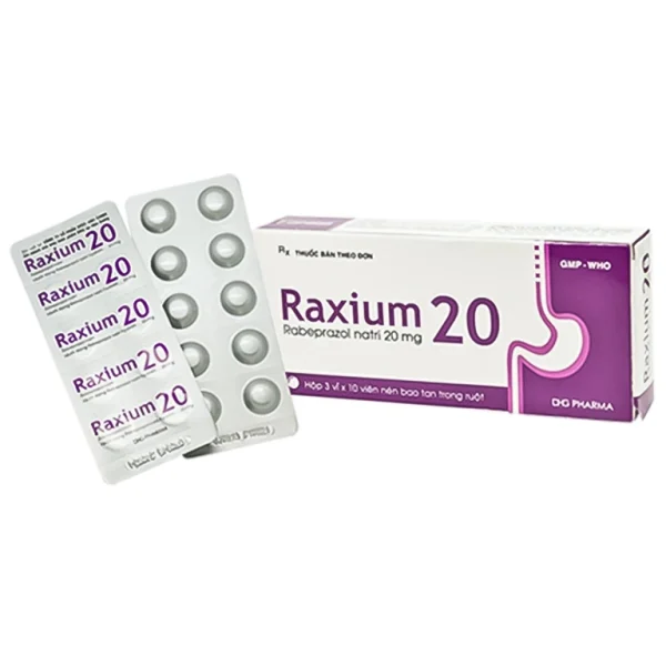 Raxium 20 DHG – Điều trị loét dạ dày, tá tràng và bệnh trào ngược dạ dày – thực quản (Hộp 3 vỉ x 10 viên)